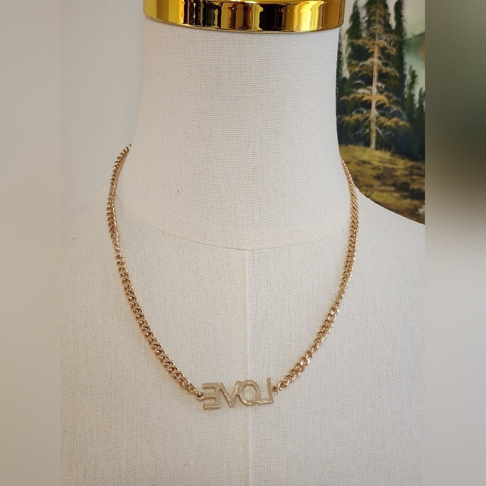 Gold Tone LOVE Pendant Necklace Minimalist Layering Chain - Picture 5 of 6